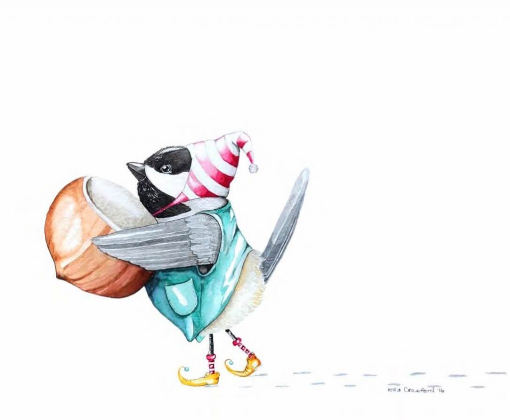 A folded holiday greeting card from artist Katie Crawford incorporates her original art "Brining Home the Chestnut."